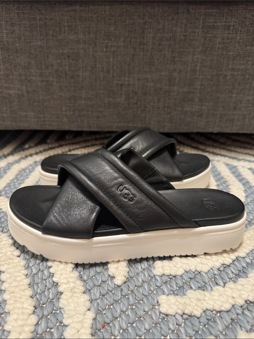 UGG Zayne Crossband Platform Slide Sandals Black Leather Women's Size 8 NWOB - Picture 2 of 8